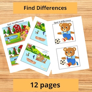 May include: A collection of printed activity sheets with the text "Find Differences" and "12 pages." The sheets feature colorful illustrations of farm scenes, boats, and a bear playing soccer. The background is a wooden surface.