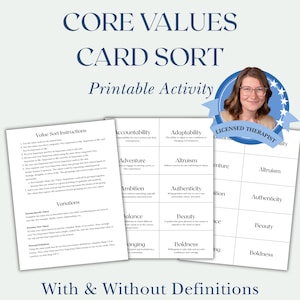 Wertekarten sortieren druckbare Aktivität, vom Therapeuten erstellte Werteklärung interaktive Übung (digitaler Download)