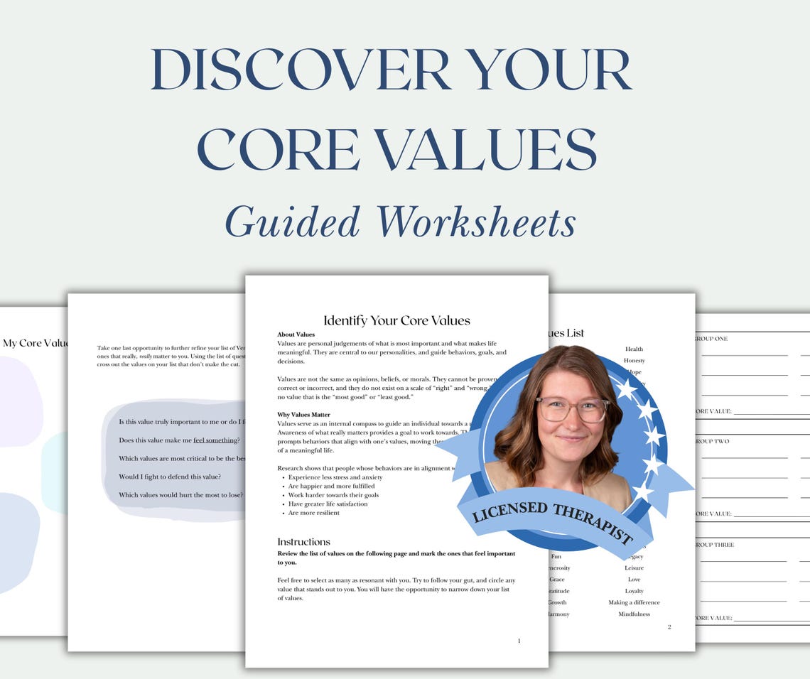 Core Values Worksheet, Therapist-made Values Identification Guided ...