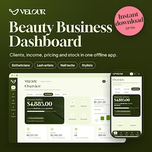 Puede incluir: Una interfaz digital de panel de control para negocios de belleza de Velour mostrada en una pantalla de escritorio y móvil. El diseño presenta un resumen de clientes, ingresos y existencias con texto que incluye Beauty Business Dashboard.