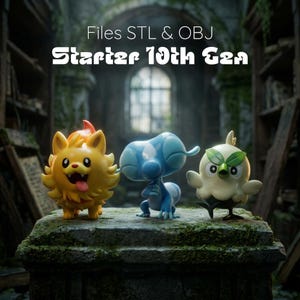 Könnte beinhalten: Drei farbenfrohe Figuren von Fantasiewesen in Gelb, Blau und Weiß. Die Figuren weisen verschiedene Details auf. Der Text "Files STL & OBJ Starter 10th Gen" ist über den Figuren zu sehen.