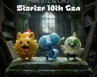 10th Generation Starter Monsters STL Files Bundle – Pombon Browt Gecqua 3D Print Models with Textures OBJ Included – Digital Download