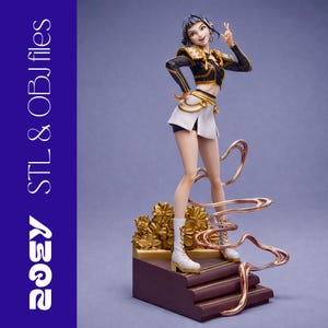 May include: A detailed figurine of a woman in a black and gold outfit, white skirt, and boots, striking a pose. The figure stands on a platform with gold floral accents and a copper-colored swirl design. The text "ROSY STL & OBJ files" is on the left.