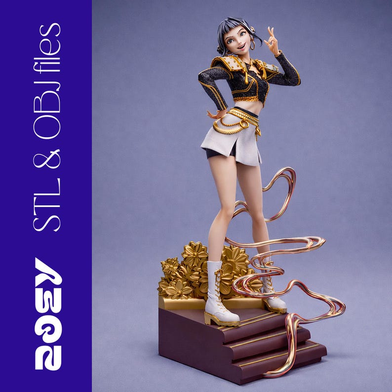 May include: A detailed figurine of a woman in a black and gold outfit, white skirt, and boots, striking a pose. The figure stands on a platform with gold floral accents and a copper-colored swirl design. The text "ROSY STL & OBJ files" is on the left.