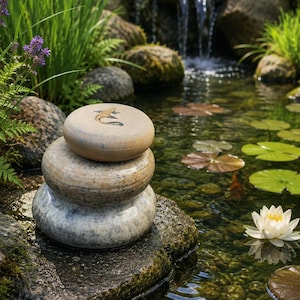 May include: A tranquil outdoor scene shows a stacked stone sculpture with a frog design, set against a small waterfall and a pond with lily pads and a white water lily. The clear water reflects the surrounding greenery, creating a peaceful atmosphere.