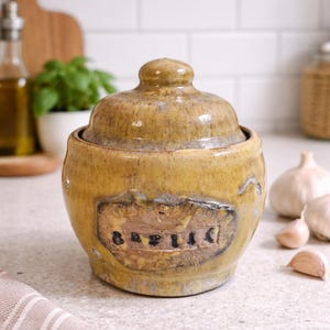 Może przedstawiać: Żółty ceramiczny pojemnik na czosnek z pokrywką. Pojemnik ma etykietę z napisem "GARLIC" w czarnych literach. Pojemnik stoi na blacie z ząbkami czosnku i białą ścianą z płytek.