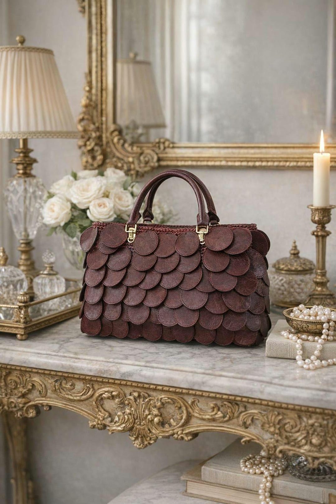 Burgundy Leather Statement Bag – Textured Circle Design Top Handle ...