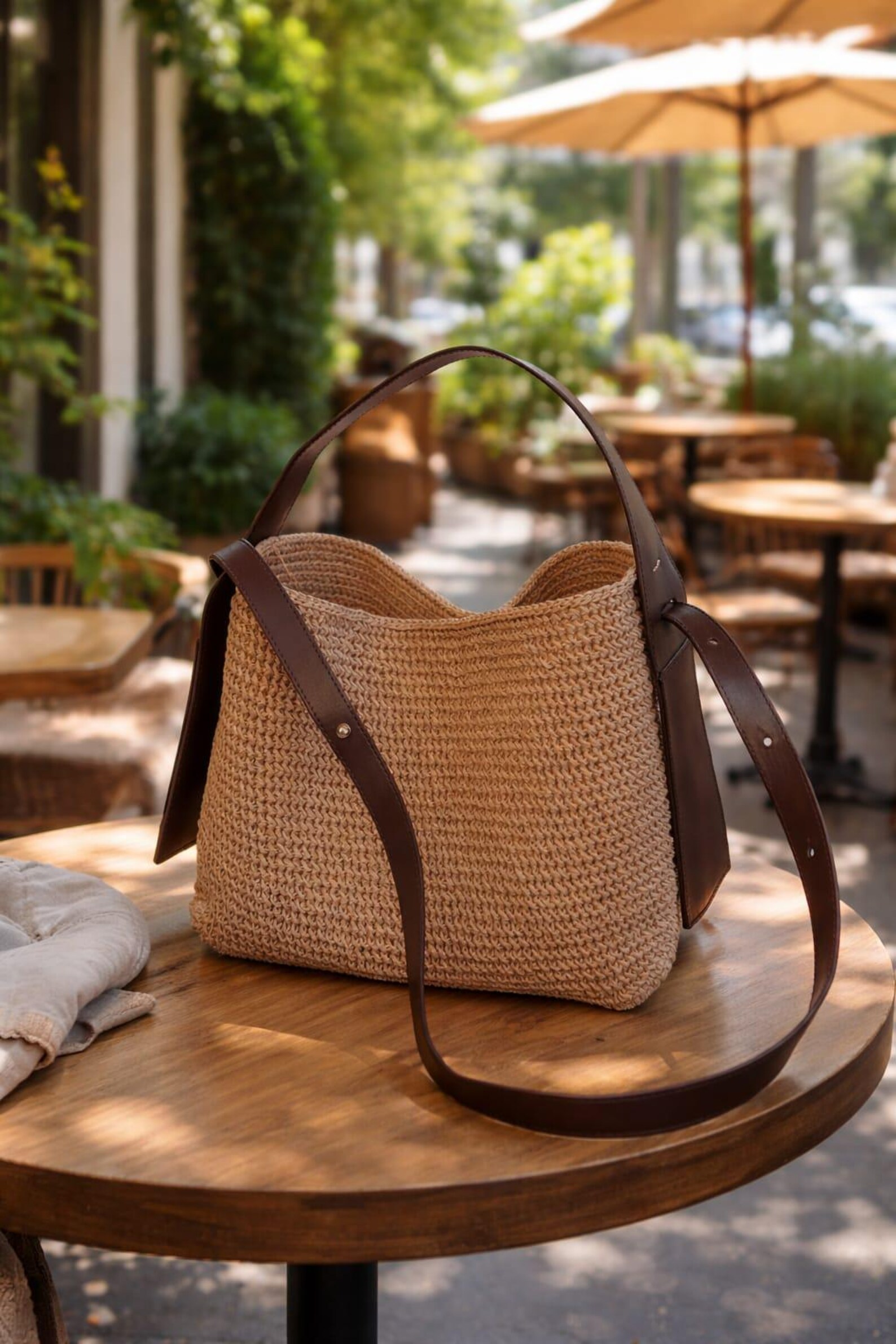 Handwoven Raffia Shoulder Bag – Natural Straw Tote With Leather Strap ...