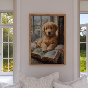 Golden Retriever Puppy Oil Painting Print: Cozy Vintage Dog Wall Art ...