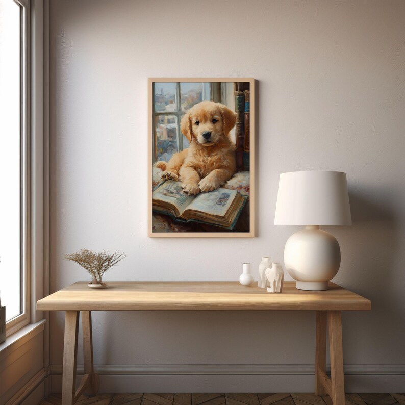 Golden Retriever Puppy Oil Painting Print: Cozy Vintage Dog Wall Art ...