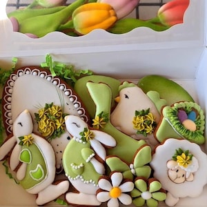 Scatola di biscotti pasquali verdi – Scatola regalo di biscotti pasquali, 15 pezzi – Biscotti con glassa reale decorati a mano – Regalo di Pasqua – Biscotti al burro fatti a mano