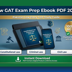 Op de afbeelding: Een digitale studiegids getiteld Law GAT Exam Prep Ebook PDF 2026 voor de Pakistaanse toelatingstest voor rechten. De afbeelding toont een tablet en smartphone met constitutioneel, straf- en civiel recht, een weegschaal en 1000+ MCQs.