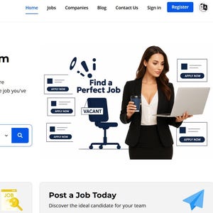 Puede incluir: Página de inicio de un sitio web de búsqueda de empleo. El sitio presenta una barra de búsqueda, una mujer sosteniendo un portátil y un café, y gráficos con el texto "Find a Perfect Job" y "Apply Now".