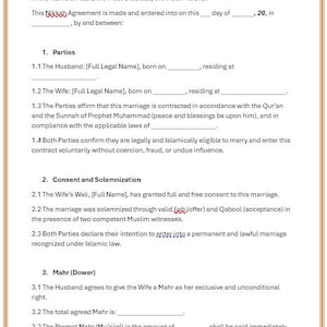 May include: A formal Nikkah (Islamic marriage) agreement document. The text includes sections for parties, consent, solemnization, and Mahr (dower). The document is in English, with spaces for names, dates, and other details.