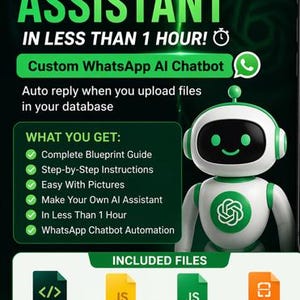 Può includere: Grafica promozionale per un assistente chatbot AI. Il testo recita: "CREA IL TUO ASSISTENTE CHATBOT AI IN MENO DI 1 ORA!" È presente un robot verde e bianco. Include icone e testo sull'automazione dei chatbot di WhatsApp.