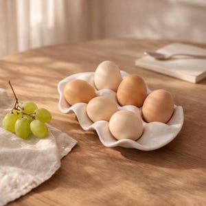 Ceramic Egg Holder Tray, Minimalist Egg Storage Dish, Wavy Egg Tray, Modern Kitchen Decor, Handmade Style Egg Organizer