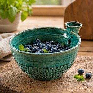 Ceramic Berry Bowl, Handmade Fruit Washer Colander, Glazed Fruit Strainer Bowl for Berries, Grapes and Farmhouse Kitchen Gift