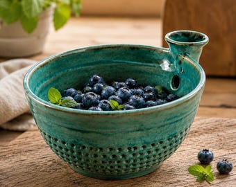 Ceramic Berry Bowl, Handmade Fruit Washer Colander, Glazed Fruit Strainer Bowl for Berries, Grapes and Farmhouse Kitchen Gift