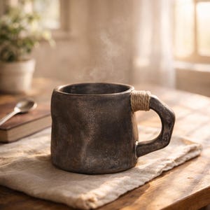 Taza de café de cerámica hecha a mano de 300 ml, taza rústica Wabi Sabi con asa de cuerda, taza de cerámica de estilo vintage, regalo único para amantes del café.
