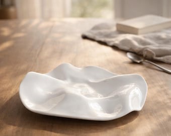 Irregular Ceramic Serving Plate, Modern Charcuterie Board, Handmade Stoneware Platter, Minimalist Appetizer Dish, White Organic Dinnerware