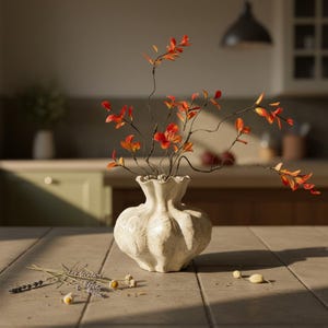 Handgjord Wabi-Sabi keramisk vas, unik ribbad keramik, ekologisk krämfärgad dekor, inflyttningspresent, minimalistisk heminredning 132 tecken