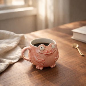 Söt grodmugg keramik, rolig grodkaffekopp, nyckfull djurtemugg, unik keramikgåva för grodälskare