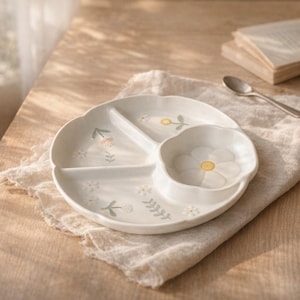 Puede incluir: Un plato blanco de cerámica dividido con un diseño floral. El plato tiene tres secciones y un cuenco separado. El diseño floral incluye pequeñas margaritas y ramitas de hojas en verde y amarillo suaves.