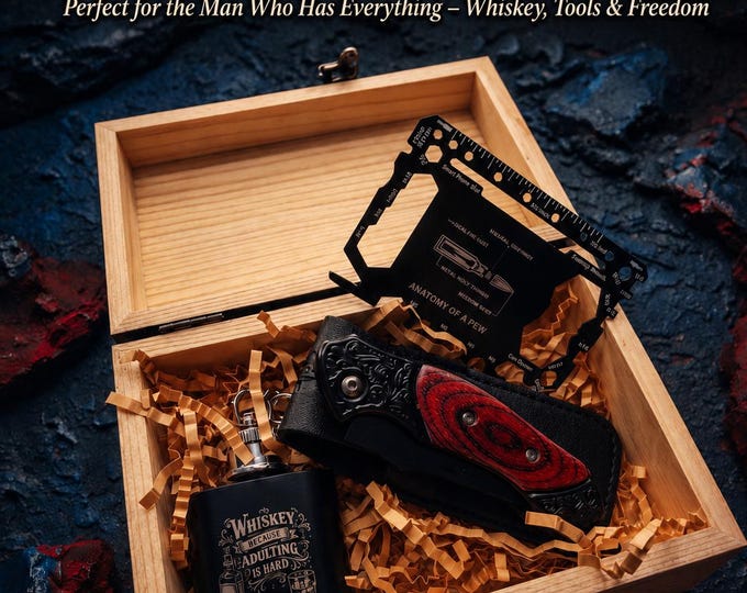 Featured listing image: Engraved Knife, Flask, Multi-Tool Gift Box | Dad's Survival Kit