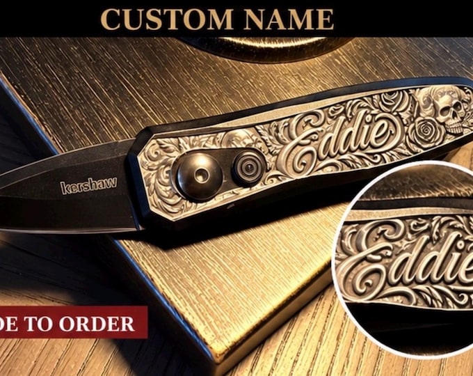 Featured listing image: Custom Name Engraved Knife – Script Name with Roses & Skull Design, Personalized Keepsake Gift for Him