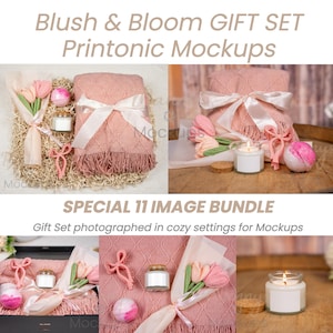 May include: A gift set featuring a pink knitted throw blanket tied with a satin ribbon, a bouquet of tulips, a candle in a glass jar, and a bath bomb. The set includes the text "Blush & Bloom GIFT SET Printonic Mockups".