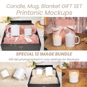 Może przedstawiać: Makieta zestawu upominkowego z białym kubkiem, świecą i różowym kocem z wstążką, wszystko w czarnym pudełku. Tekst na zdjęciu brzmi "Candle, Mug, Blanket GIFT SET Printonic Mockups" i "SPECIAL 12 IMAGE BUNDLE".