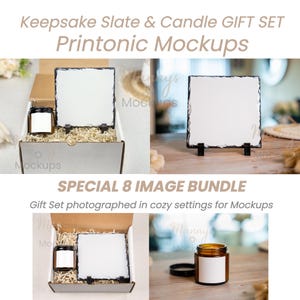 May include: A gift set mockup featuring a slate and candle. The slate is square with a rough edge, displayed on a black stand. A small candle in a brown jar with a white label is also included. The text "Keepsake Slate & Candle GIFT SET" is visible.