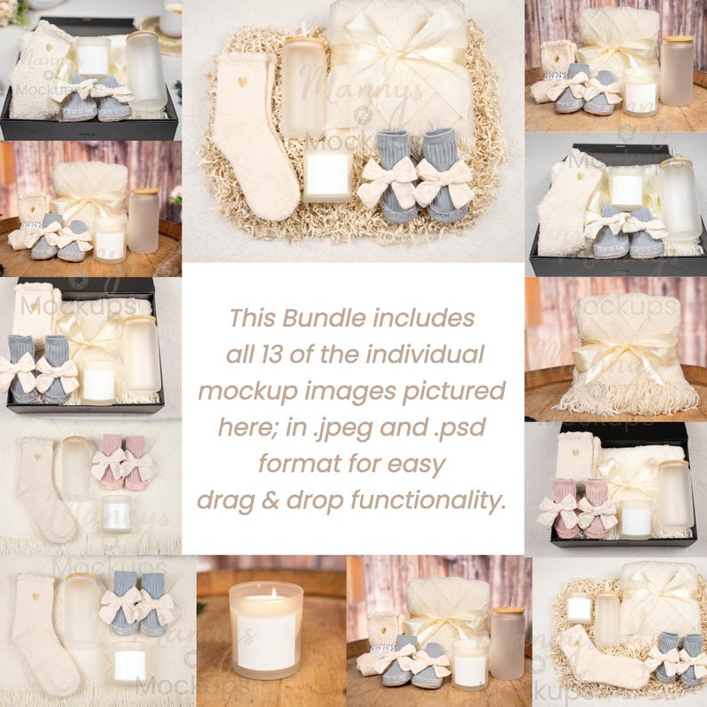 May include: A collection of baby-themed items, including socks, booties, candles, and a blanket, arranged in various compositions. The items are in neutral tones with decorative bows and a heart detail. Text on the image reads "This Bundle includes all 13 of the individual mockup images pictured here; in .jpeg and .psd format for easy drag & drop functionality."
