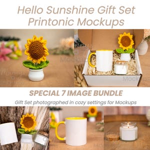 May include: A gift set featuring a crochet sunflower in a white pot, a white mug with a yellow handle and interior, and a small glass candle with a cork lid. The set is presented in a cardboard box filled with shredded paper filler.
