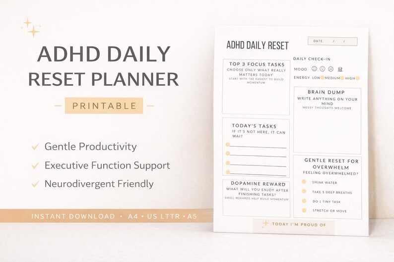 ADHD Daily Reset Planner Printable, Executive Function Planner ...