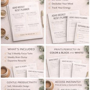 Peut inclure: Plusieurs planificateurs hebdomadaires ADHD imprimables en noir et blanc. Les planificateurs comprennent des sections pour les tâches de concentration, les contrôles quotidiens et les récompenses de dopamine. L'image montre également un téléphone affichant le planificateur.