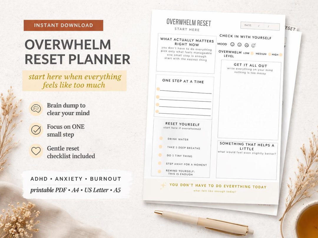 Overwhelm Reset Planner Printable | Anxiety Reset Worksheet | ADHD ...