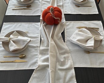 Juego de camino de mesa de lino orgánico lavado con servilletas y manteles individuales – Decoración natural para el comedor