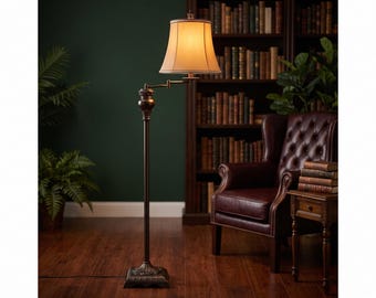 Vintage Farmhouse Floor Lamp, Adjustable Swing Arm Reading Light, Matte Brown Finish
