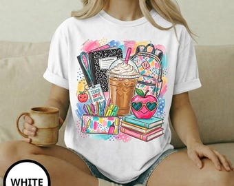 Niedliches Lehrer PNG Sublimationsdesign, Teach Love Inspire, Back to School Shirt Grafik, trendiger Lehrer Kaffee Apfel Clipart