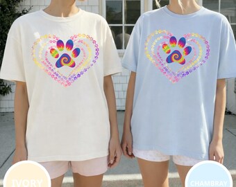 Regenbogen Tie Dye Pfotenabdruck Herz PNG | Hundemutter Sublimations Design | Haustier-Liebhaber-Shirt Grafik | Bunter Pfotenabdruck Digital Download