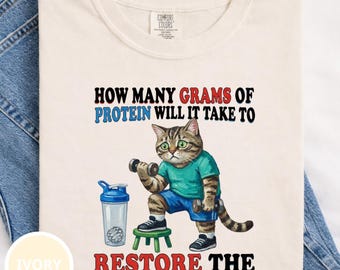Lustige Gym Katze PNG, Wie viele Gramm Protein Shirt Design, Workout Humor Sublimation, Fitness Katze Grafik, digitaler Download