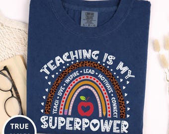 Lehren ist meine Superkraft PNG, Lehrer Sublimationsdesign, Boho Regenbogen Leopardenmuster Shirt, Lehrer Wertschätzung Geschenk