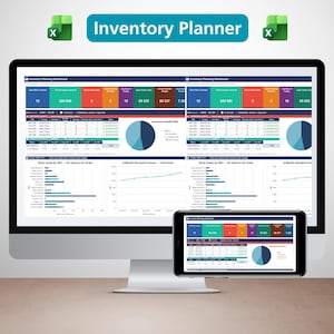 May include: A computer monitor and a smartphone display an "Inventory Planner" dashboard. The monitor shows detailed charts and data visualizations, including pie charts and bar graphs. The smartphone mirrors the dashboard, offering a mobile view of the inventory data.