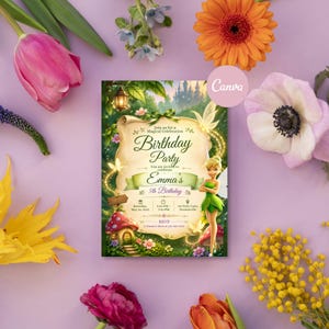 May include: A rectangular birthday party invitation card featuring a fairy illustration, a scroll-shaped text area, and a mushroom house. The text reads: Join us for a Magical Celebration, Birthday Party, Emma's 5th Birthday, May 24, 2025, 6:00 PM - 7:00 PM.