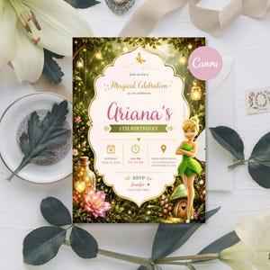 Tinker Bell Birthday Invitation, Fairy Garden Birthday Party Invite, Magical Pixie Girl Editable Canva Template Digital Download