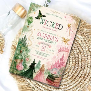 May include: A rectangular birthday party invitation card featuring watercolour illustrations of a witch, a princess, a castle, potions, and books. The text reads: You're invited to a Wicked Birthday Party, join us to celebrate Sophia's 10th Birthday.