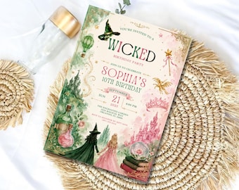 May include: A rectangular birthday party invitation card featuring watercolor illustrations of a witch, a princess, a castle, potions, and books. The text reads: You're invited to a Wicked Birthday Party, join us to celebrate Sophia's 10th Birthday.