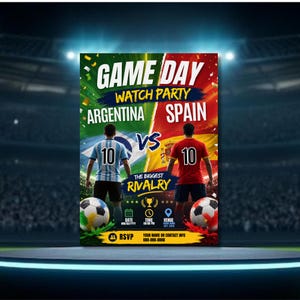 Può includere: Un volantino per una festa di visione di calcio con due giocatori con il numero 10 sulle maglie, che rappresentano Argentina e Spagna. Il design include palloni da calcio, il testo GAME DAY, THE BIGGEST RIVALRY e spazi per data e luogo.