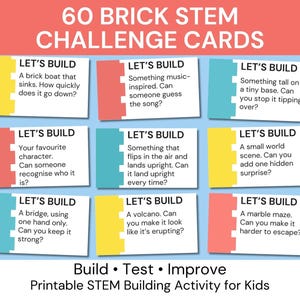May include: A colorful STEM challenge card set with the text "60 BRICK STEM CHALLENGE CARDS." Each card features a "LET'S BUILD" prompt, encouraging creative construction projects for kids. The cards are designed for building, testing, and improving.